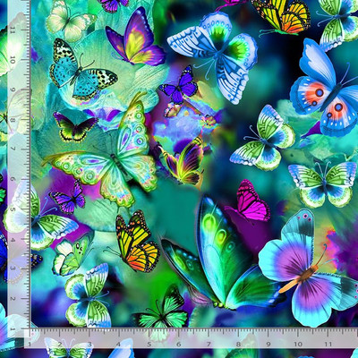 #ad Electric Fabric Butterfly Toss Green Purple Blue Timeless Treasures YARD $12.98
