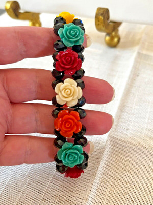 3D Roses multi colored double beaded strand with Crystal beads stretched..