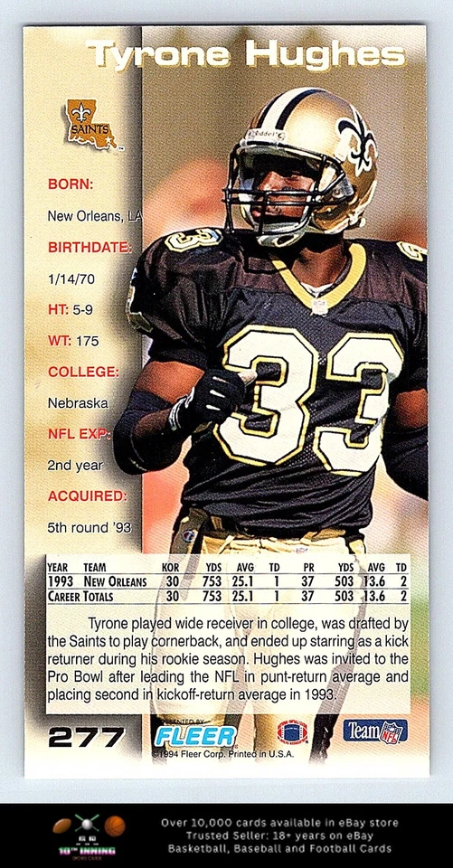 1994 GameDay FOOTBALL #277 Tyrone Hughes - Image 2 of 2
