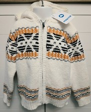 NWT Mayoral Boy Sweater Sz 5 Ivory/Gold/Grey Fair Isle Cotton Hood Zip Up 110cm