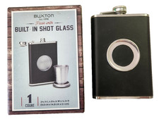 BUXTON FLASK Built-in SHOT GLASS Black Collapsible Hip Pocket NEW in BOX