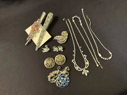 Vintage & Costume Jewelry Lot Rhinestone Necklaces Earrings Pins Hair Clips
