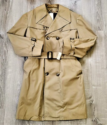 Vintage 60s 70s Deadstock Khaki Belted Trench Coat Overcoat Vtg