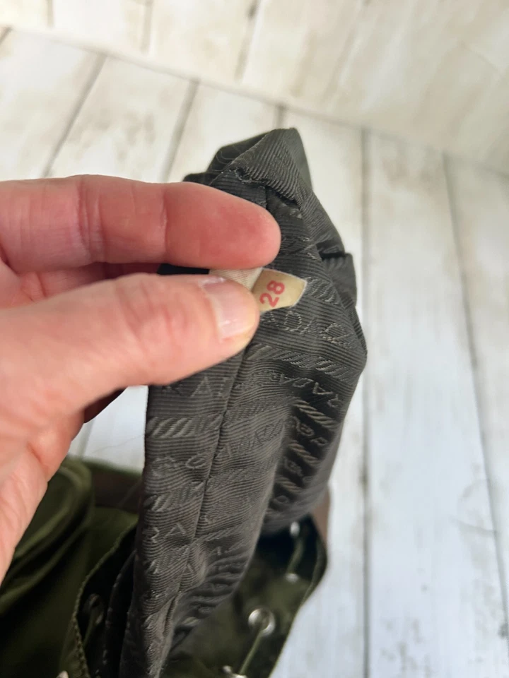 PRADA Mini DUET GREEN VELA NYLON  BROWN Saffiano Trim Drawstring Bucket # 31 /28 - Image 4 of 4