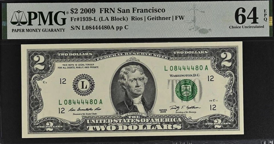 2009 $2 Federal Reserve Note PMG 64EPQ - Fancy Radar Serial Number 08444480 - Image 2 of 3