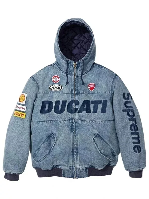 Veste motard à capuche unisexe bleu TLJ Supreme Ducati fait main denim veste de course