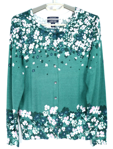 LANDS' END Women's Cotton Cardigan Sweater Long Sleeve Floral Multicolor M 10 12