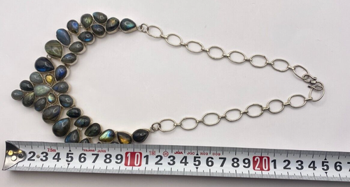 Vintage Silver Labradorite 35 Hand Cut Stones Shaped Mounted Gemstone Neckless - Picture 11 of 12