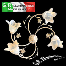 PLAFONIERA IN FERRO BATTUTO 4 LUCI AVORIO ORO VETRI PAGLIERINO LAMPADARIO Dina