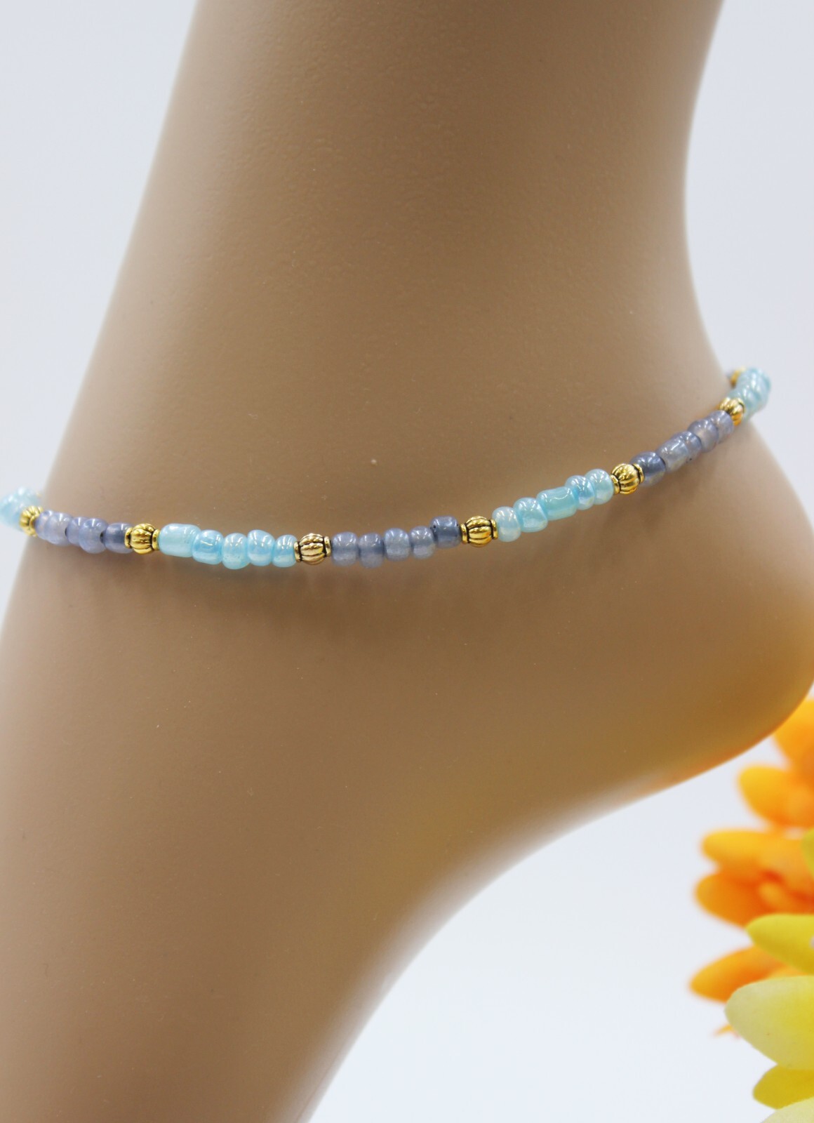 Anklet Chain Delicate Pearls Blue Boho Gold Summer Size M #KA086