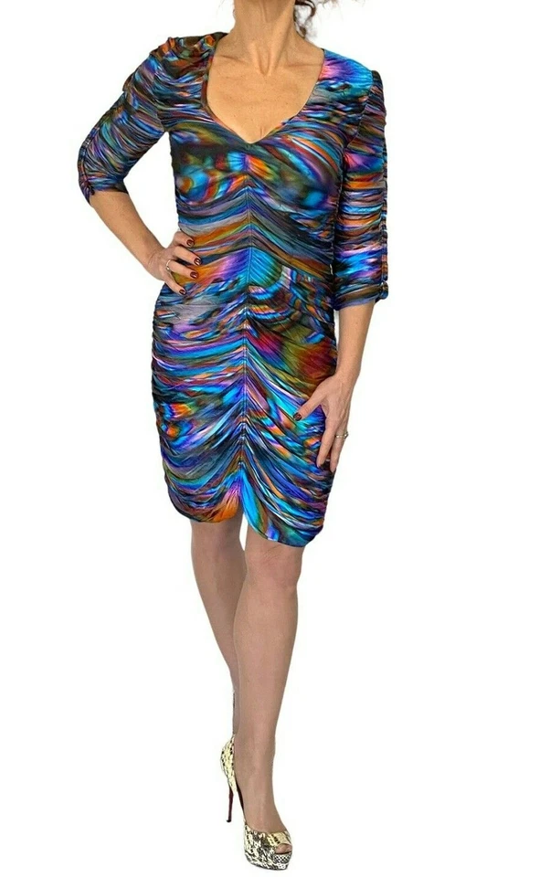 Vestido Matthew Williamson Multicolor Cuello en V Acanalado Bodycon Jersey Manga 3/4 XS S Foto 3 de 4
