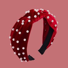 Red Velvet Pearl Headband Knotted Gold Pearl Hair Band Fashion Accessory