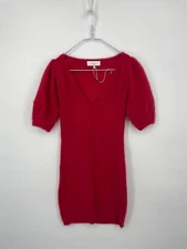 L'Academie Dress Extra Small Red Sweater V-Neck Bodycon Puff Sleeves