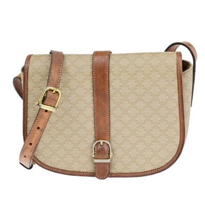 CELINE Logo Macadam Pattern Shoulder Bag PVC Leather Beige Italy 04EB477