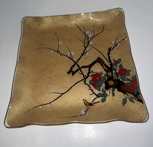 Asian inspired Art Trees Blossoms Birds Blooms Elegant Design 2 Glass Dishes - Picture 4 of 10