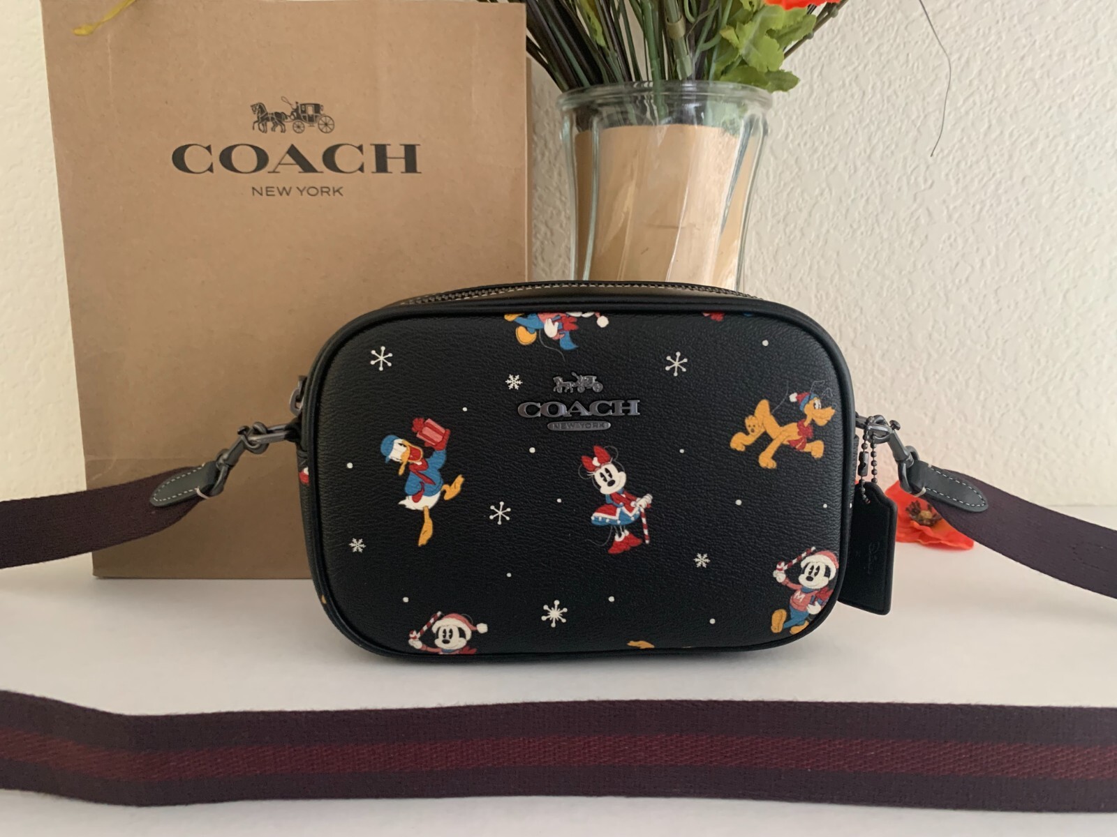 NWT Coach CN027 Disney Mini Jamie Camera Bag with Holiday Print Black