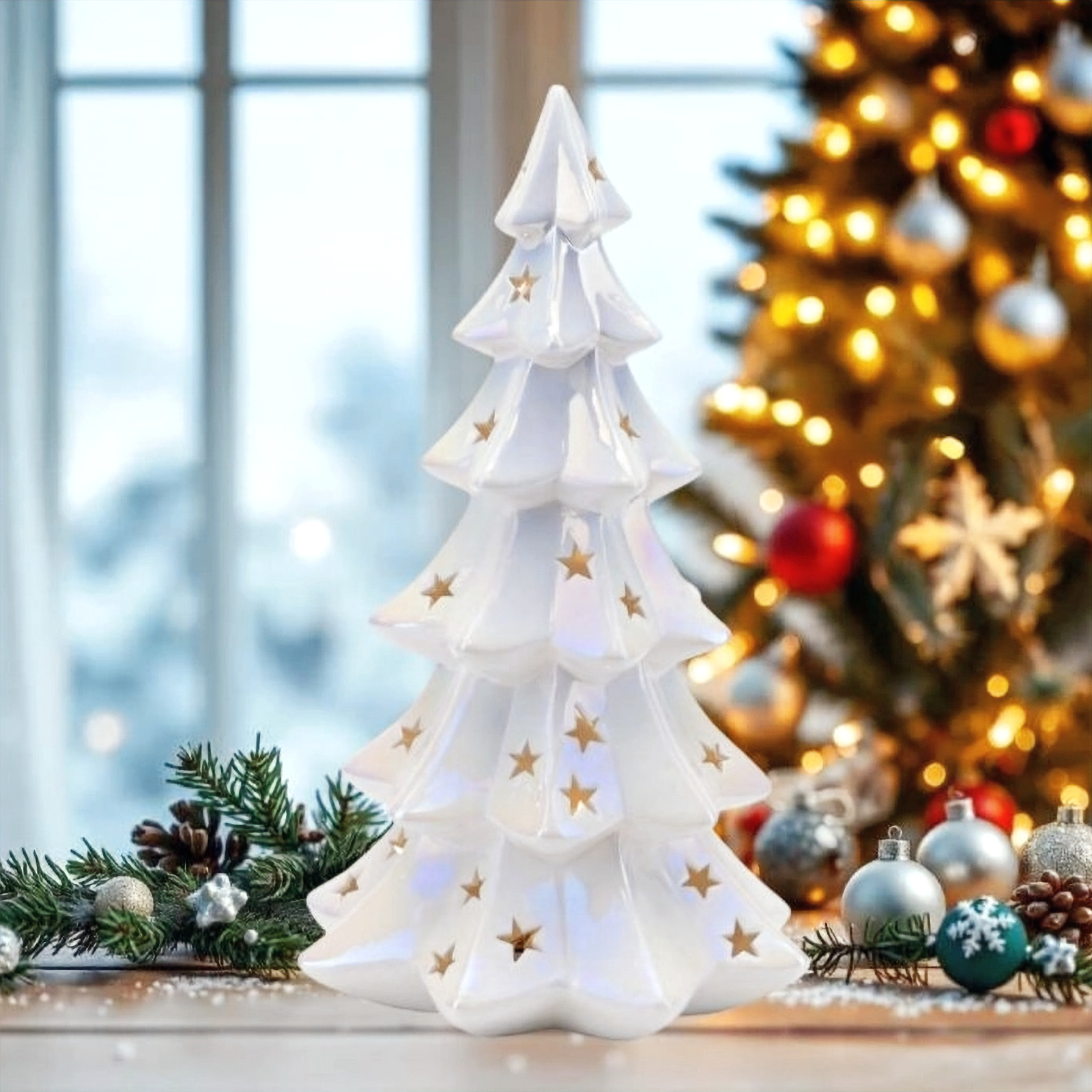 Light Up White Iridescent LED Christmas Tree Ornament, XMAS Decoration, Gift