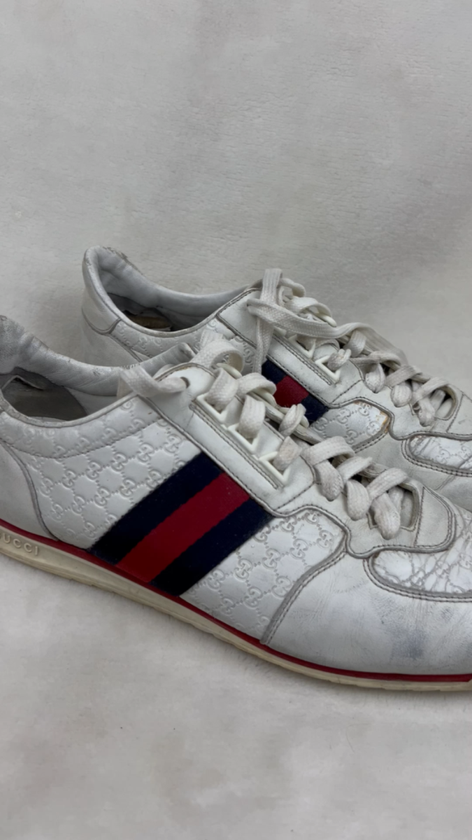 Gucci シルバー ゴルフシューズ Gucci Micro Guccissima 233334 Men's White Leather Web Low Top