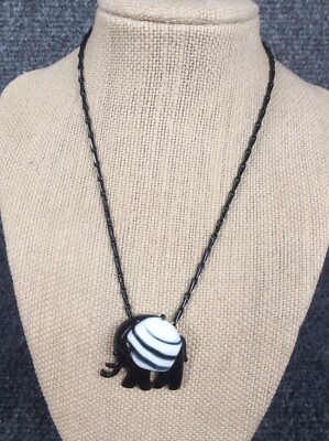 Beautiful Eisenberg Art Glass black white Elephant  Pendant necklace