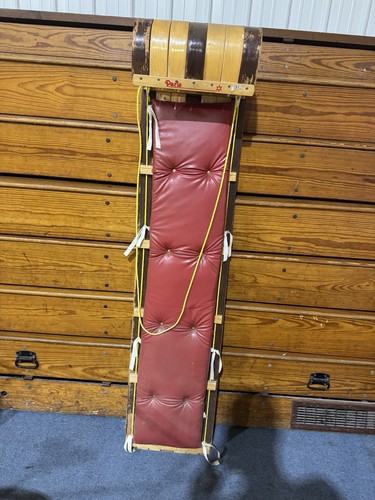 Vintage Paris Wood Wooden  Toboggan Snow Sled Rare w/Red Cushion 69"