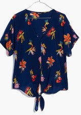 Madewell XXS 6 Navy Blue 100% Silk Novel Tie-Front Top Bird of Paradise V Neck