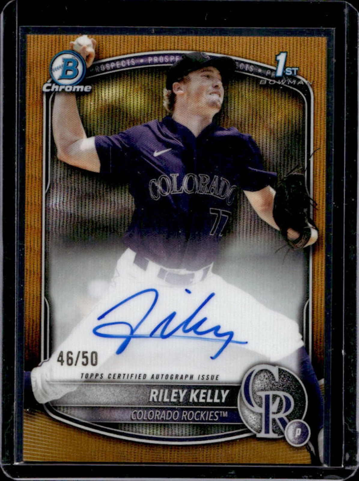2025 Bowman Draft Riley Kelly Chrome Auto Gold Wave Refractor 1st #/50 Rockies
