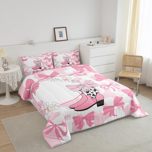 Girls Ribbon Bow Comforter Set,Western Cowgirl Boots Full White Black Pink - Bild 6 von 8