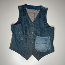 Vtg 70s Denim Workwear Vest Western Chorewear Snap Button Distressed Patched