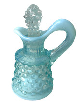 Vintage  Fenton- CRUET  & Stopper - Blue Glass Opalescent Hobnail - 1940s-1955