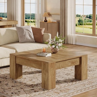 Square Coffee Table, 39-Inch Farmhouse Wooden Accent Center Table w/ Sturdy Legs