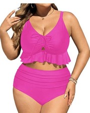 Women s 2 Piece Swimsuit High Waisted Bikini Tummy Control Ruffled Top Pink 18W