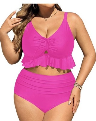 Women s 2 Piece Swimsuit High Waisted Bikini Tummy Control Ruffled Top Pink 18W