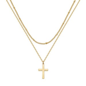 Authentic Waterproof 18K Gold Plated Cross Pendant Necklace Double Layered Choker