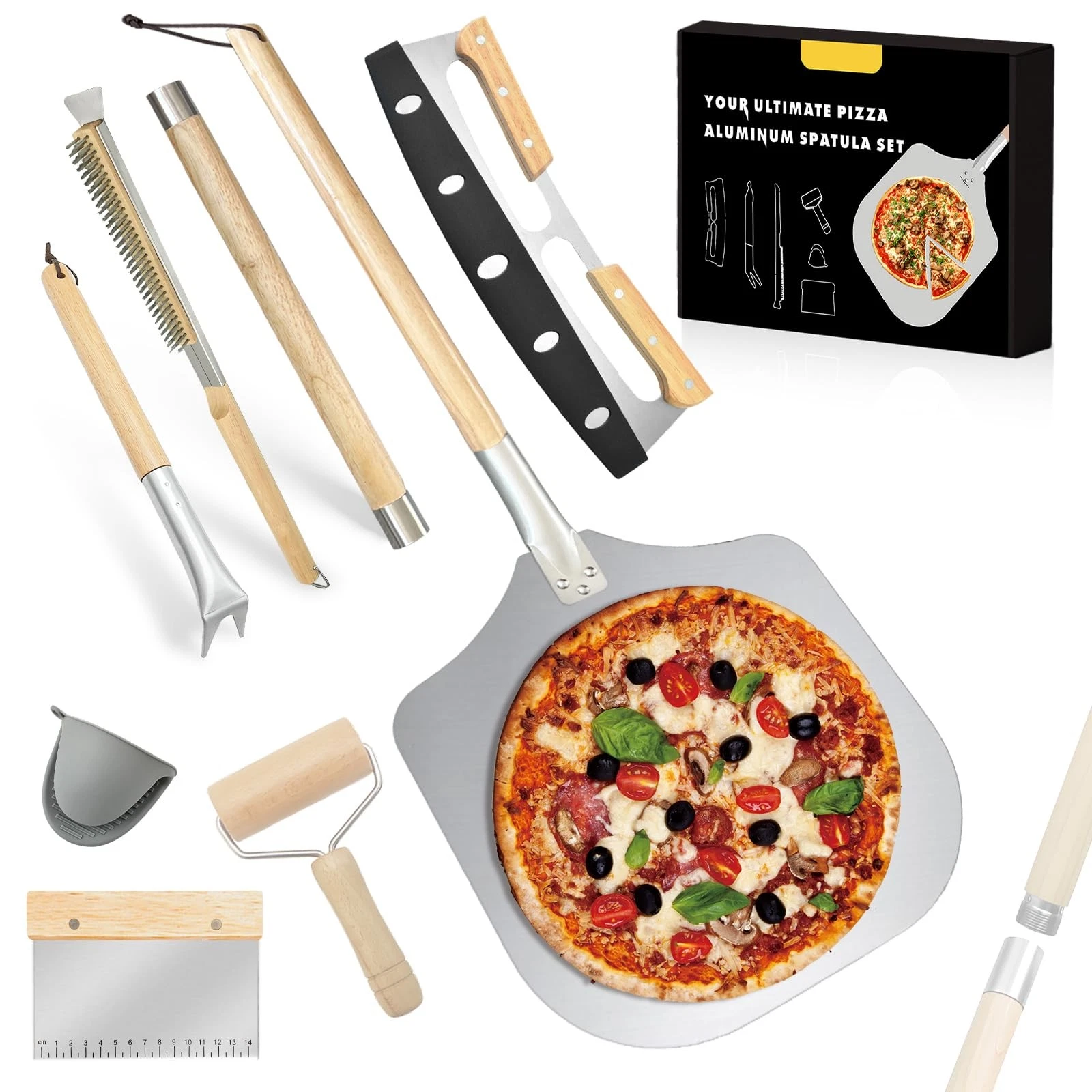 Pizza Oven Accessories Kit 7PCS Stainless Steel Tools Peel Brush Turner
