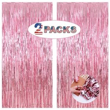 2 PCS 6.5x8.2ft Pink Foil Fringe Tinsel Curtains for Birthday Party Backdrop