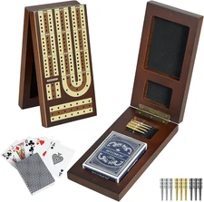 Foldable Wooden Cribbage Board Game Set, Travel Cribbage Board with Storage, Con