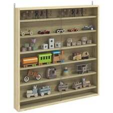 HOMCOM 7-Tier Wall Display Cabinet w/ Shelves Glass Doors, Oak