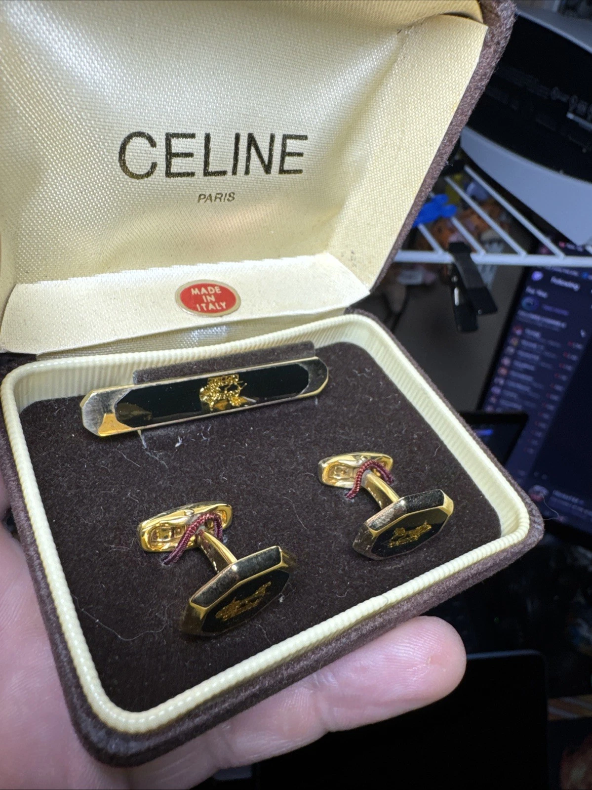 Gemelli Celine Oro Nero Made in Italy Uomo Usati dal Giappone Cravatta Spilla