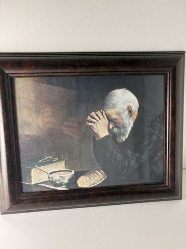 Vintage “Grace” Praying Man Framed Print Farmhouse Religious Wall Art