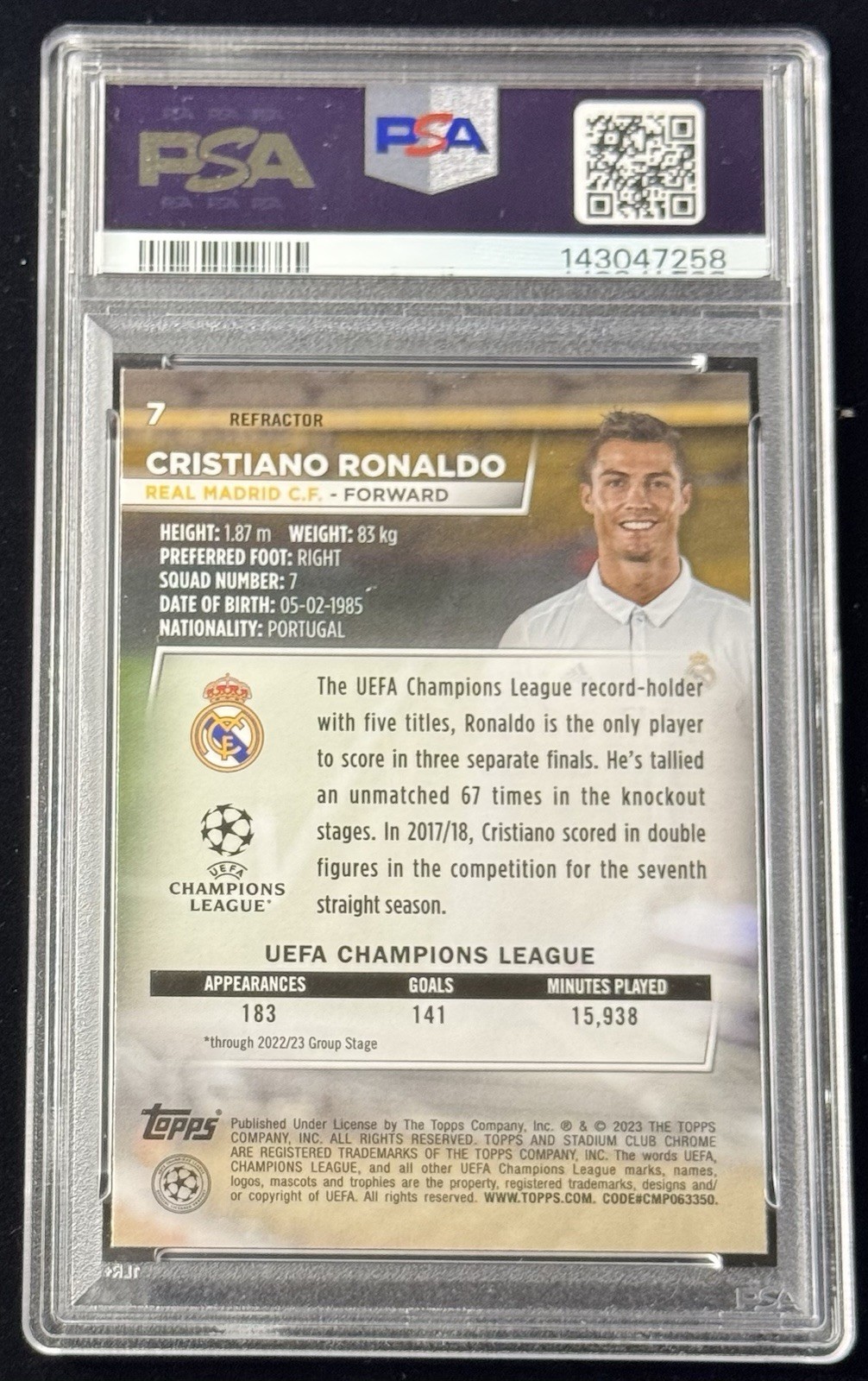 Cristiano Ronaldo PSA 10 Refractor 2022 Topps Stadium Club Chrome Real Madrid ⚽️ view 2
