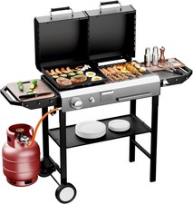 2-in-1 Propane Gas & Charcoal Grill Combo with Lid – 12,000 BTU Flat Top Griddle
