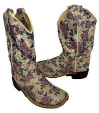 Old West Girls Glitter Floral Pattern Broad Toe Pull On Western Boots Size 12