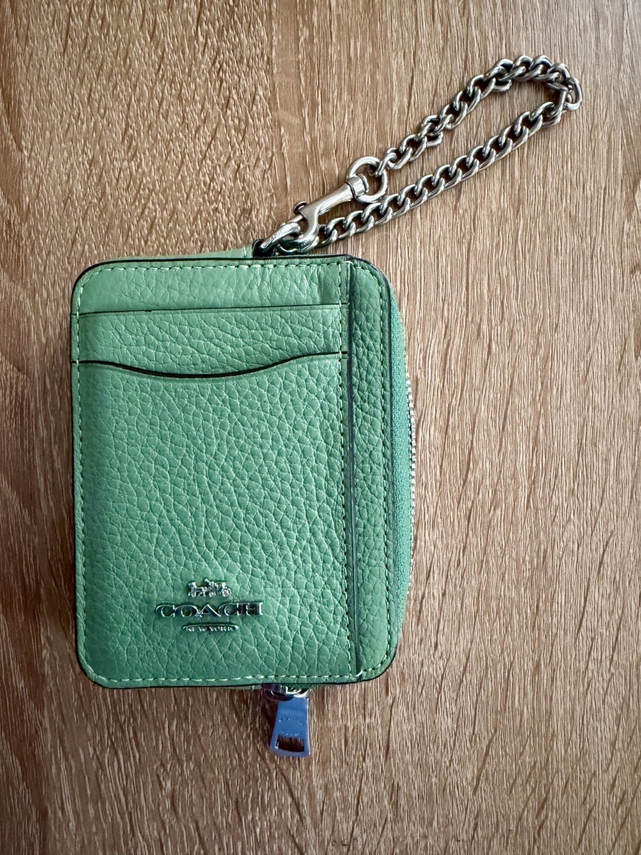 COACH Zip Card Case ID Wallet Refined Pebble Leather Soft Green
