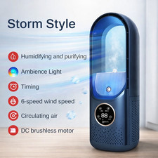 Portable USB Air Cooler Bladeless Fan, 6 Speed, Silent, Timer + Humidifier