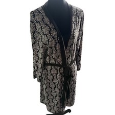 Laura Ashley Black White Floral Damask Velvet Trim Long Robe Belted Wrap Lounge