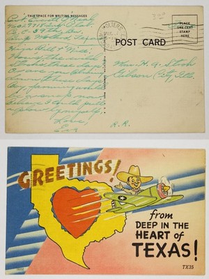 Greetings From Deep in the Heart of Texas! Cartoon Cowboy Airplane Map 1945 PC