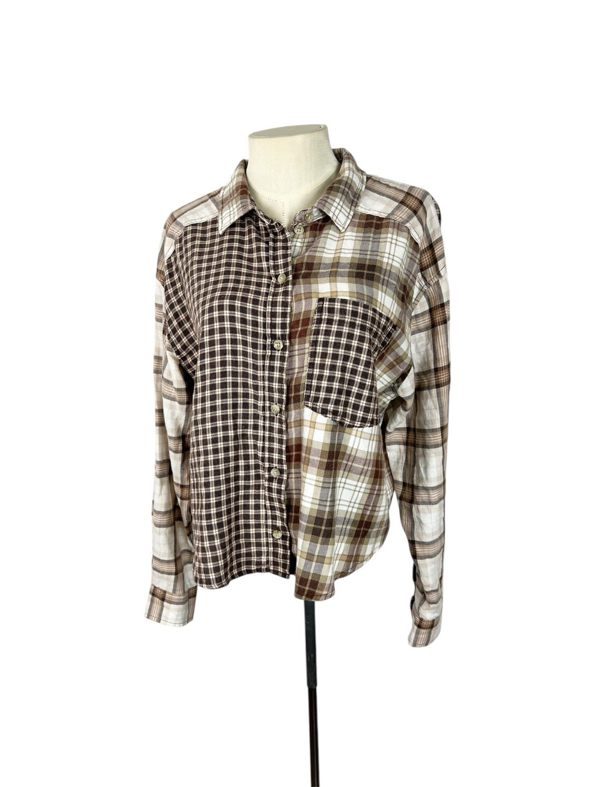 American Eagle Cropped Patchwork Mixed Plaid Flan… - image 1