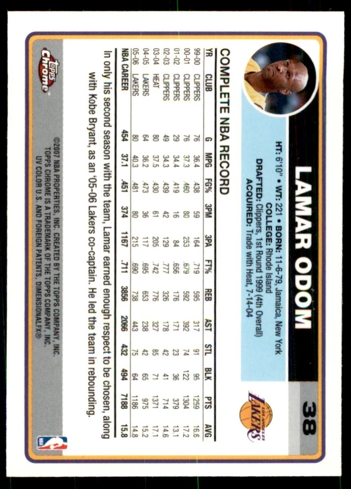 2006-07 Topps Chrome Lamar Odom Basketball Cards. #38 - Image 2 of 2