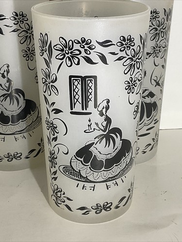 6 Black and White Frosted Tumbler/Glasses, Southern Belle, MCM Granma Core