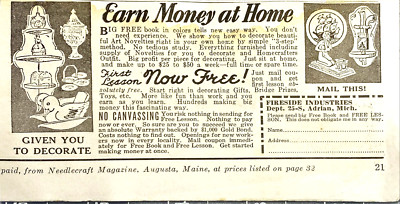 Fireside Industries ''Earn Money At Home'' Adrian, Mich. Vintage Print Ad 1935